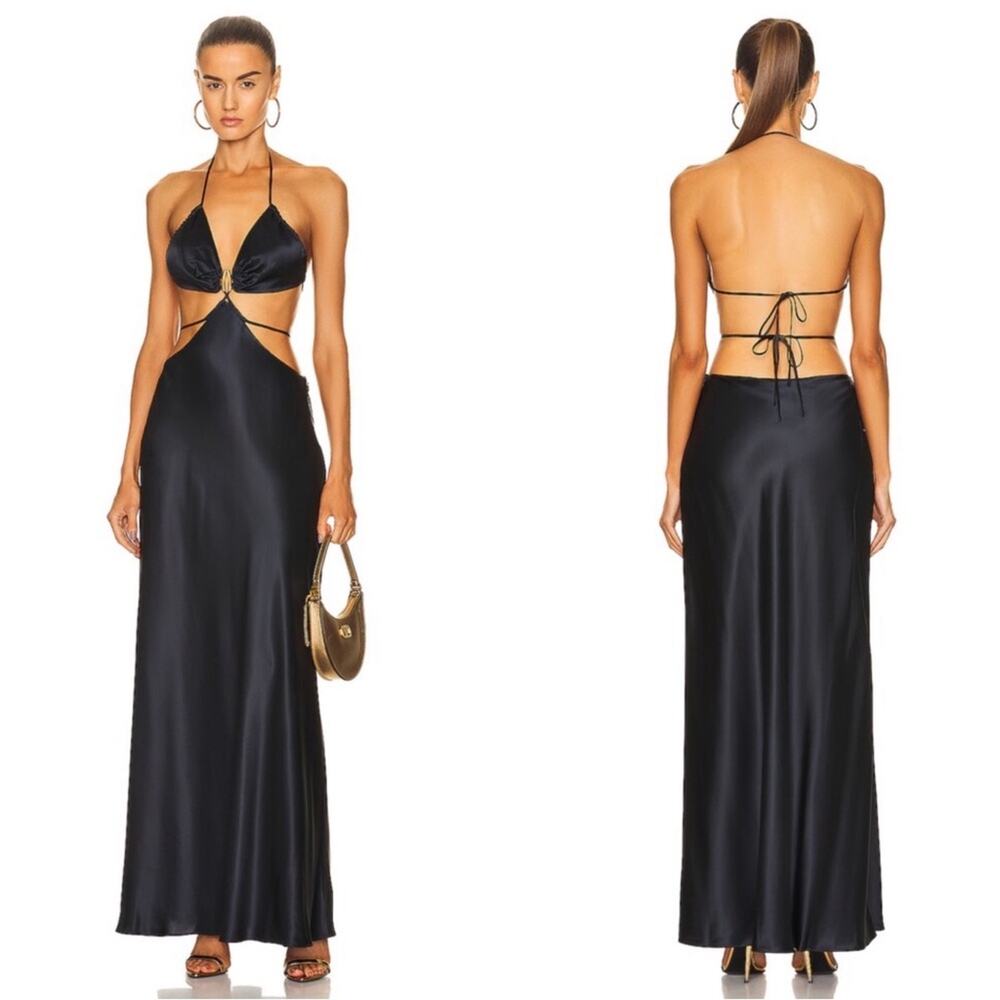 Cult Gaia Colette Cutout Gold Detail Satin Open Back Maxi Dress Size Large